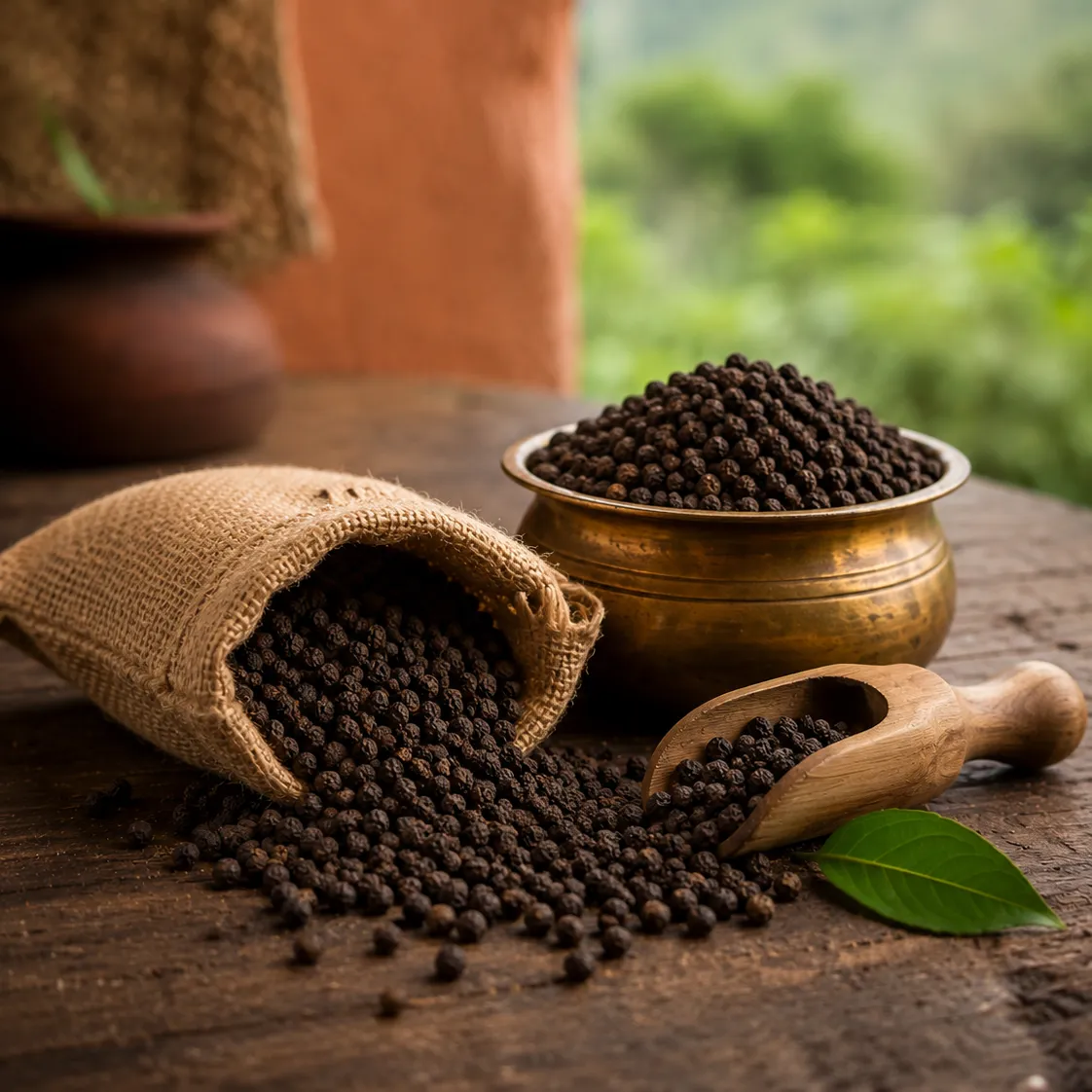 Freshly harvested whole black peppercorns sourced from the misty hills of Araku