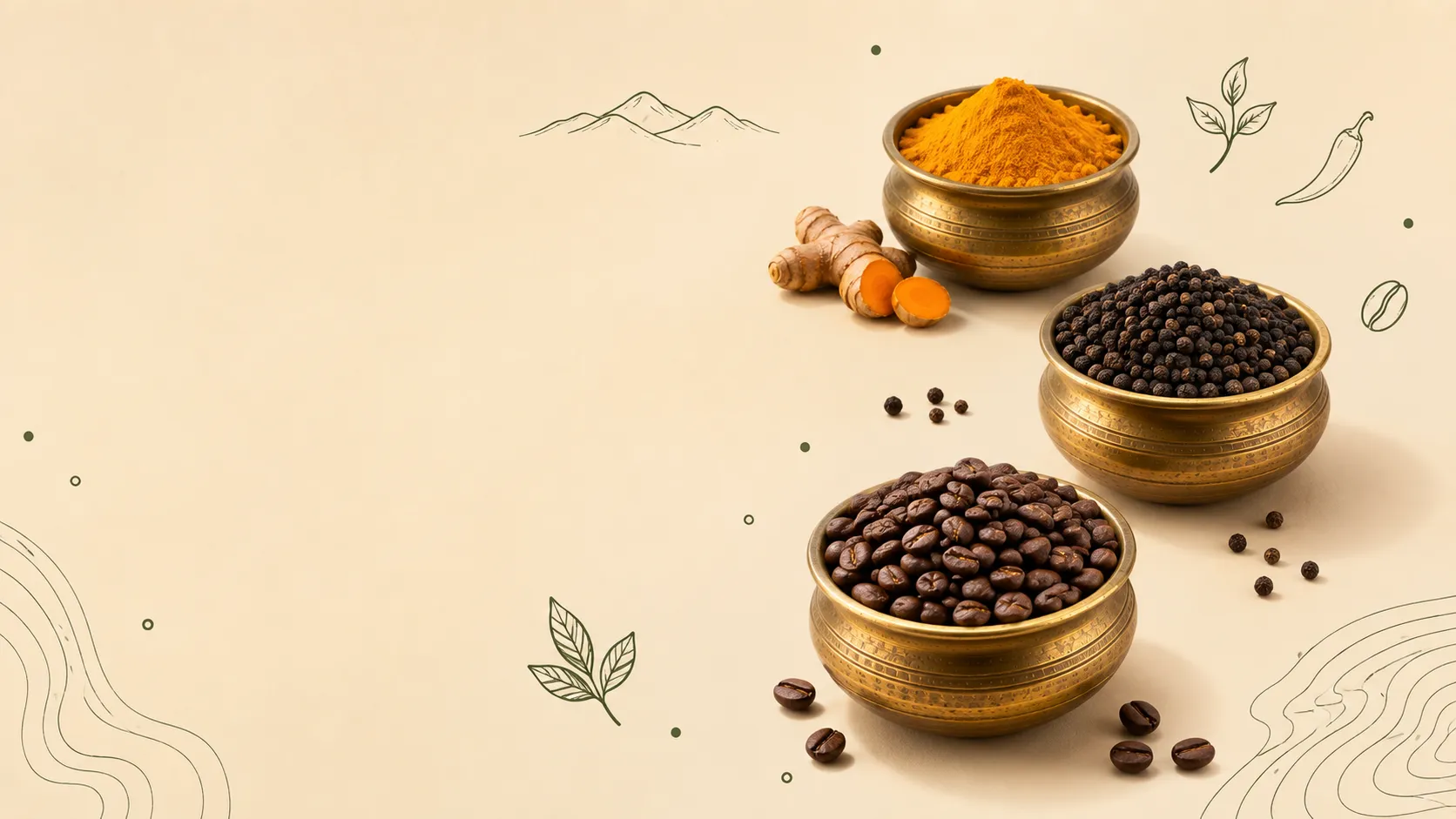Brass bowls filled with golden Araku turmeric powder, whole black pepper, and shade-grown coffee beans, Manohar Organic Spices