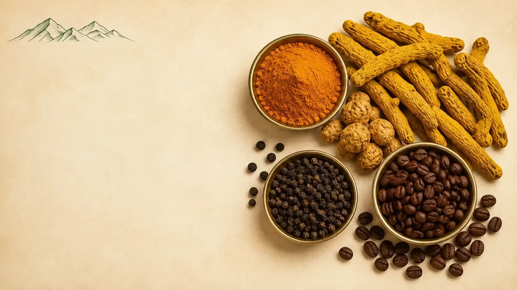 Brass bowls filled with golden Araku turmeric, whole black pepper, and shade-grown coffee beans, Manohar Organic Spices