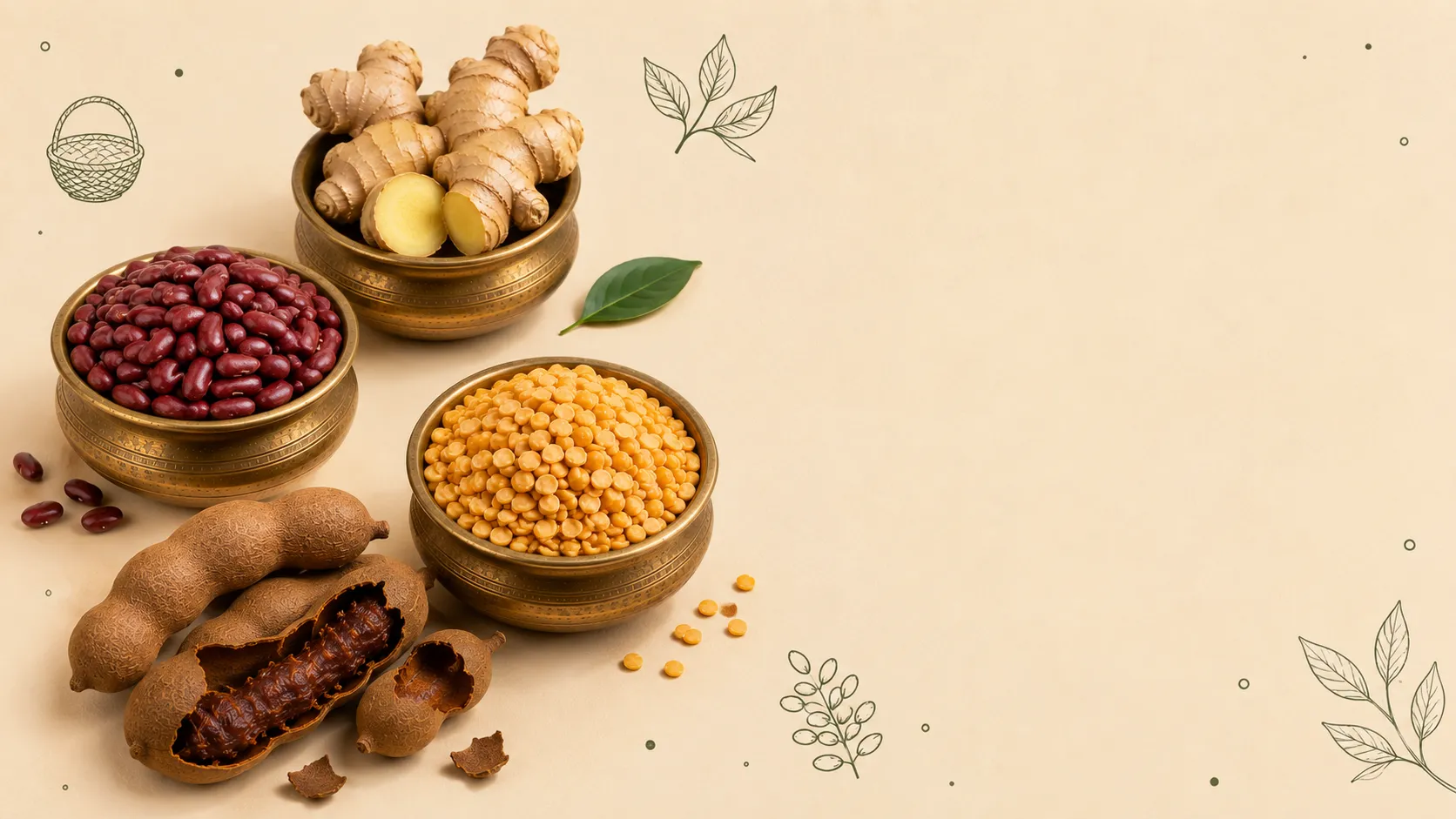 Traditional brass bowls containing natural dry ginger, rajma beans, unpolished pulses, and pure tamarind, Manohar Organic Spices