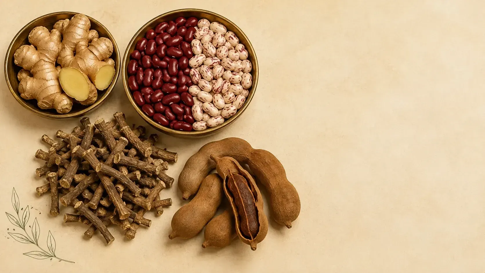 Traditional brass bowls containing natural dry ginger, rajma beans, dried Pippal Mool roots, and pure tamarind, Manohar Organic Spices