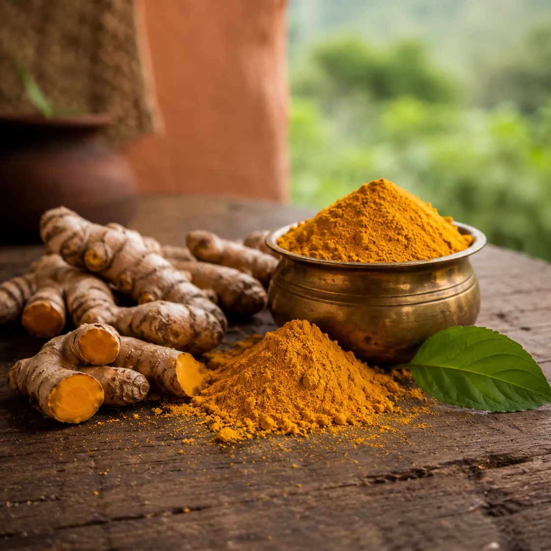 Pure organic Araku turmeric powder in a brass bowl with whole turmeric root
